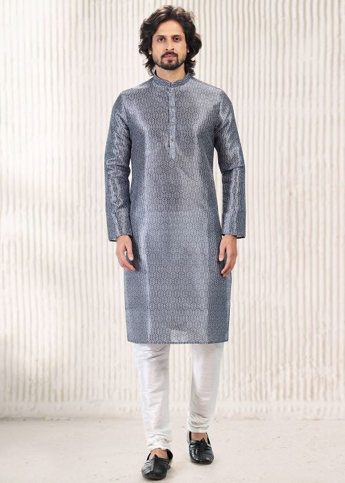 Grey Printed Readymade Mens Kurta Pajama In Jacquard