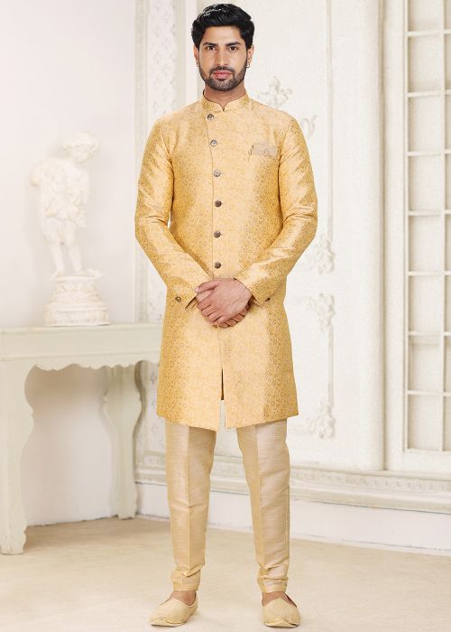 Yellow Woven Detailed Mens Indo Western Jacquard Sherwani Set