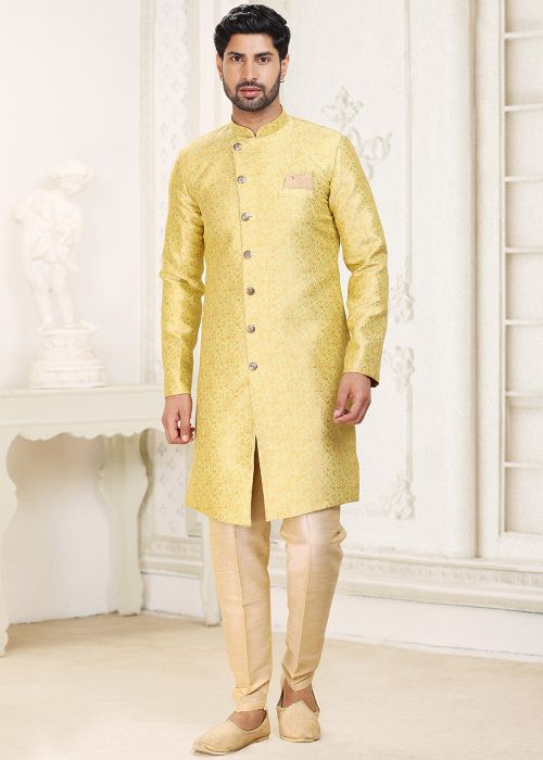Yellow Woven Detailed Mens Jacquard Indo Western Sherwani 