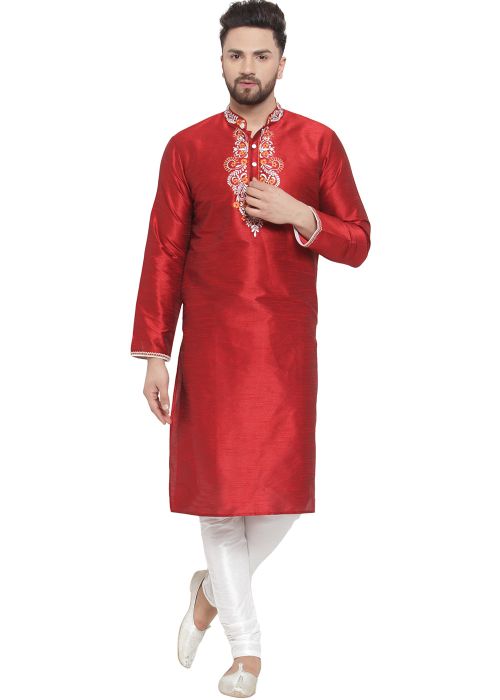Mens Red Embroidered Kurta Pajama Set