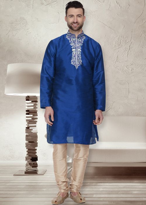 Blue Embroidered Dupion Silk Kurta Pajama
