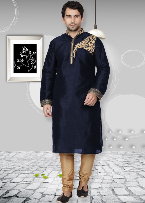 Blue Embroidered Dupion Silk Kurta Pajama
