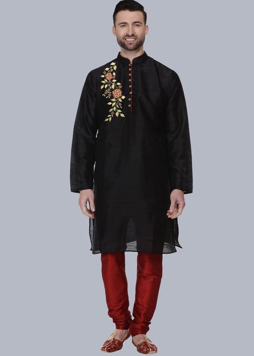 Black Embroidered Dupion Silk Kurta Pajama