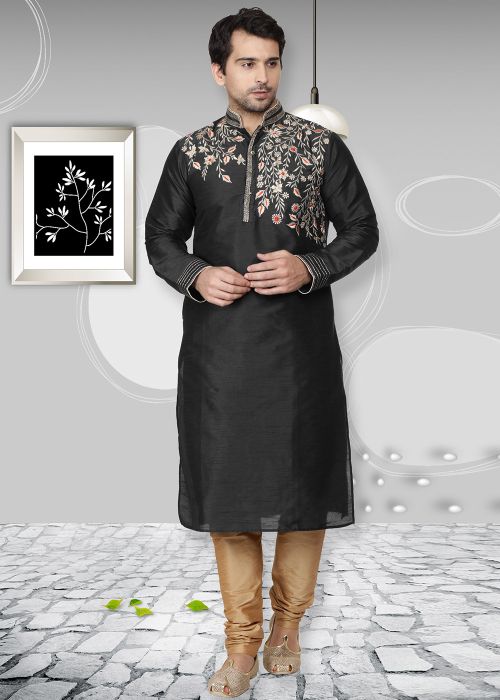 Black Embroidered Dupion Silk Kurta Pajama