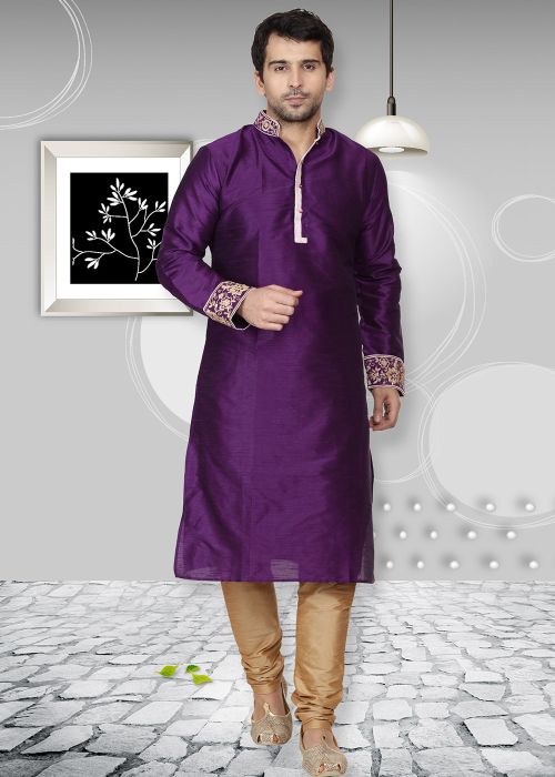Purple Embroidered Dupion Silk Kurta Pajama