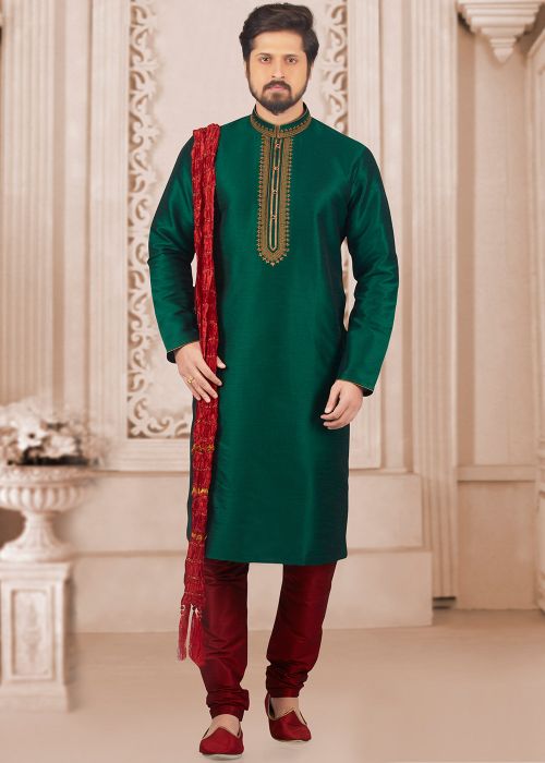 Green Embroidered Dupion Silk Kurta Pajama