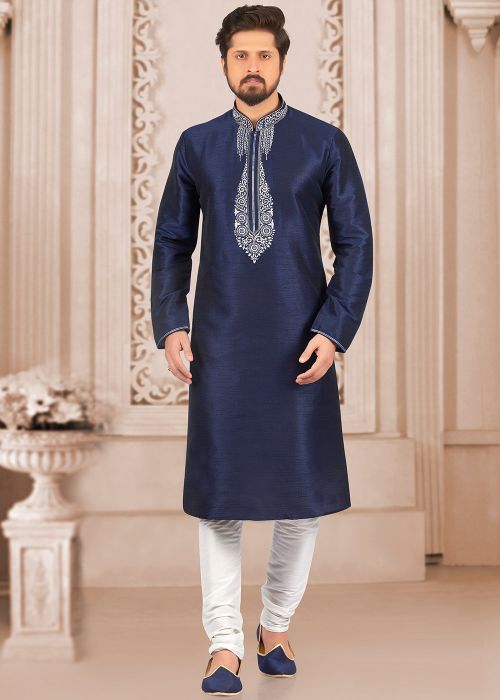 Blue Embroidered Dupion Silk Kurta Pajama