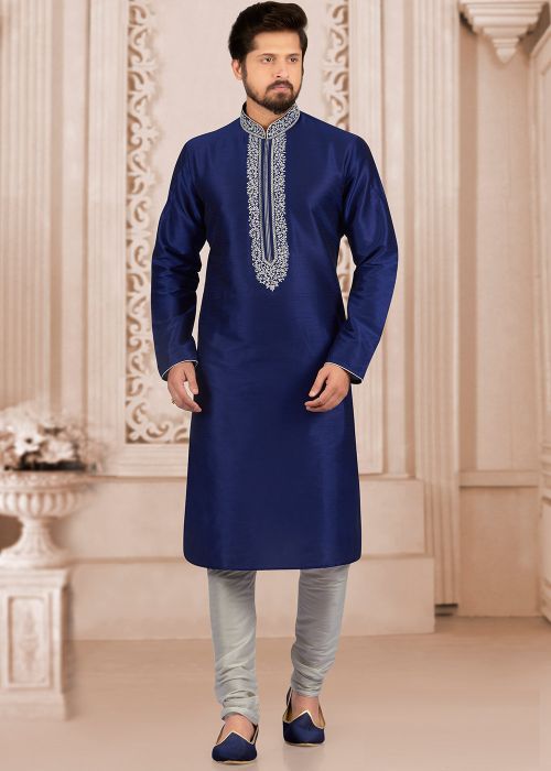 Blue Embroidered Dupion Silk Kurta Pajama