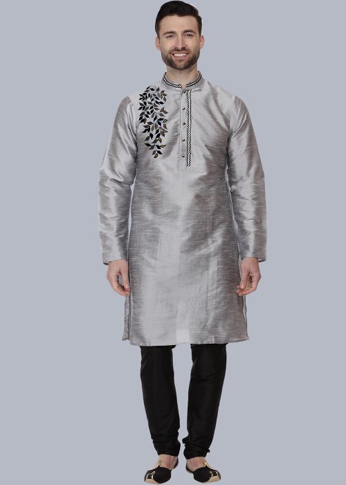 Grey Embroidered Dupion Silk Kurta Pajama