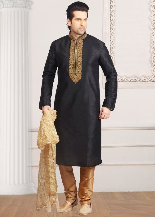 Black Embroidered Dupion Silk Kurta Pajama