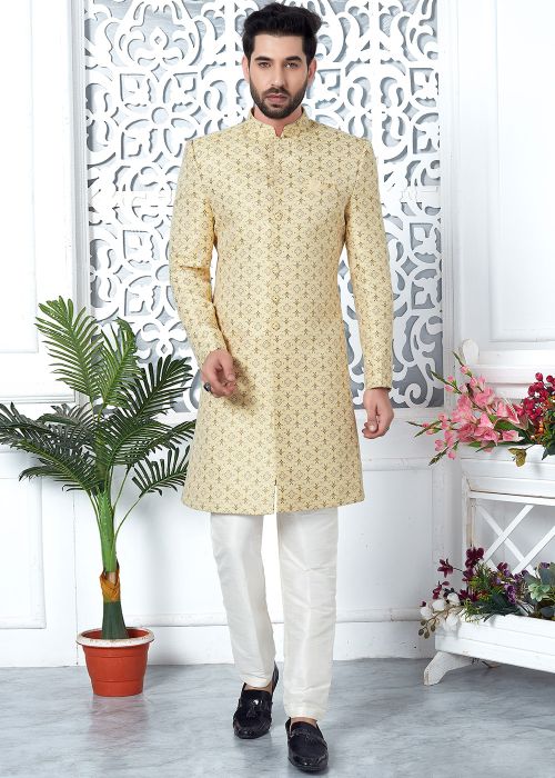 Yellow Woven Indo Western Sherwani In Jacquard