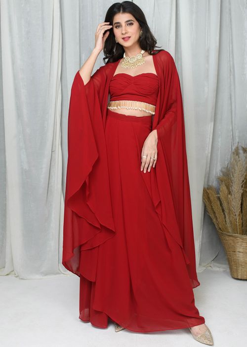 Red Cape Style Draped Skirt Set