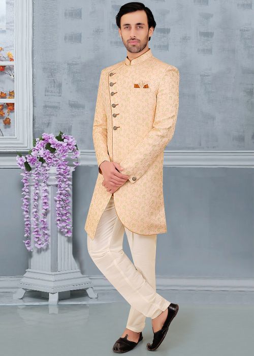 Peach Woven Indo Western Sherwani
