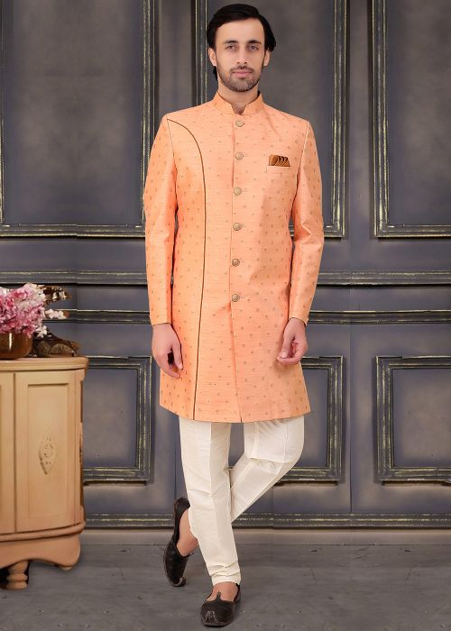 Peach Woven Indo Western Sherwani