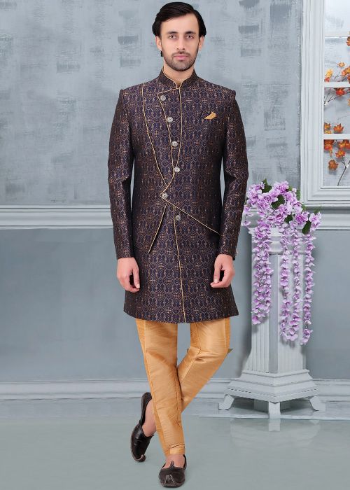 Blue Woven Indo Western Sherwani