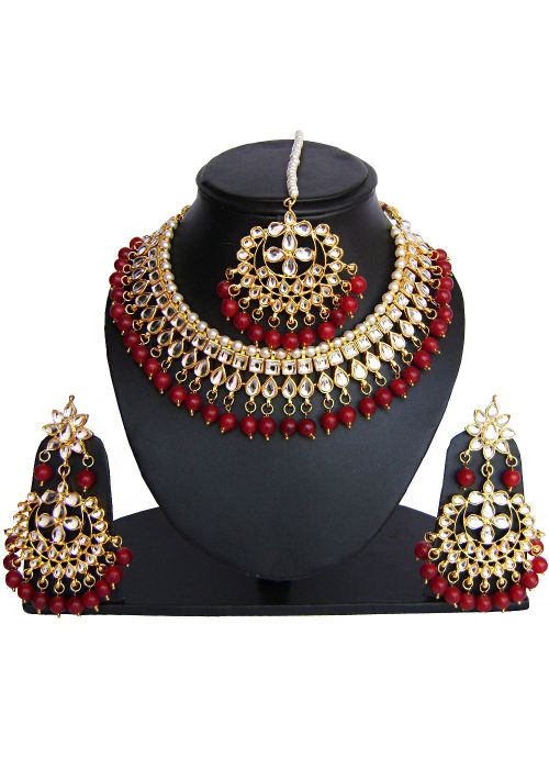 Indian Jewelry in USA: Buy Maroon Golden Pearl And Kundan Bridal Necklace Set Online