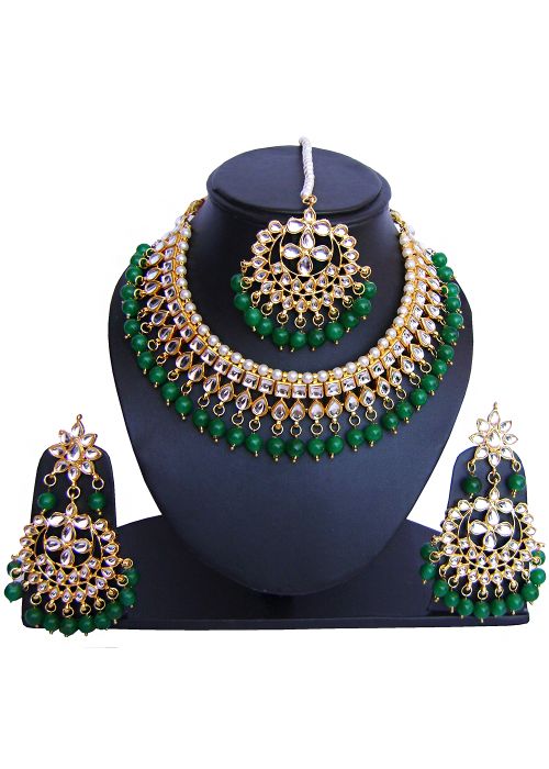 Indian Jewelry Online - Buy Green Golden Pearl And Kundan Indian Bridal Necklace
