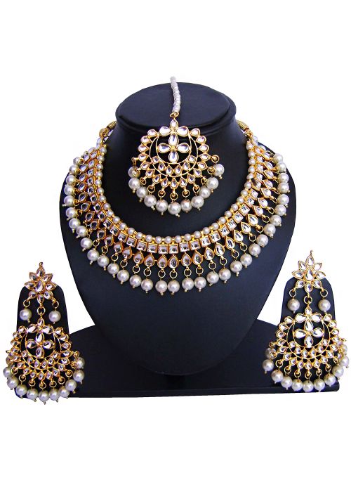 Indian Jewelry Sets - Buy White Golden Pearl And Kundan Indian Bridal Necklace Online