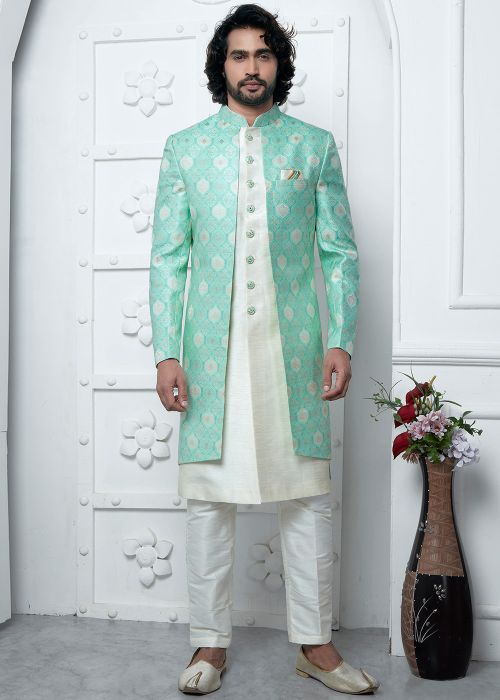 Off White Woven Readymade Mens Jacket Style Jacquard Sherwani