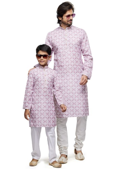 Pink Father Son Digital Printed Kurta Pajama In Cotton