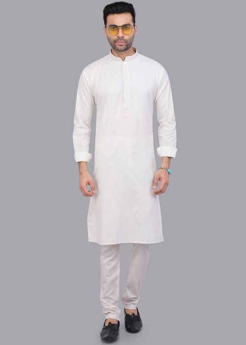 Readymade White Mens Kurta Pajama Set