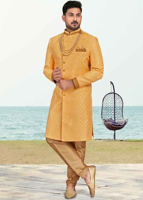 Yellow Woven Indo Western Sherwani