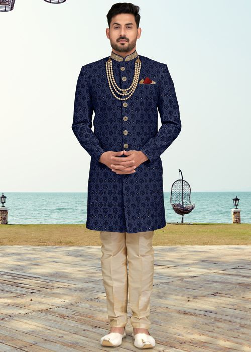 Blue Embroidered Indo Western Sherwani
