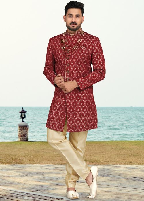 Red Embroidered Indo Western Sherwani