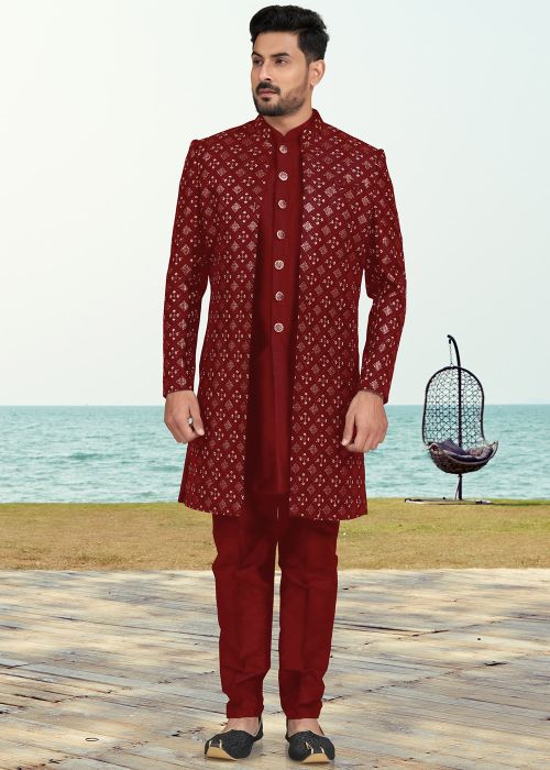 Red Embroidered Jacket Style Indo Western Sherwani