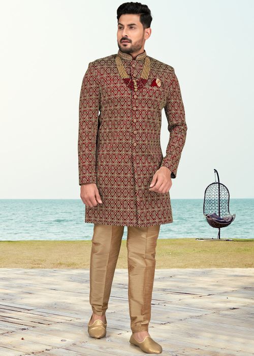 Red Embroidered Indo Western Sherwani