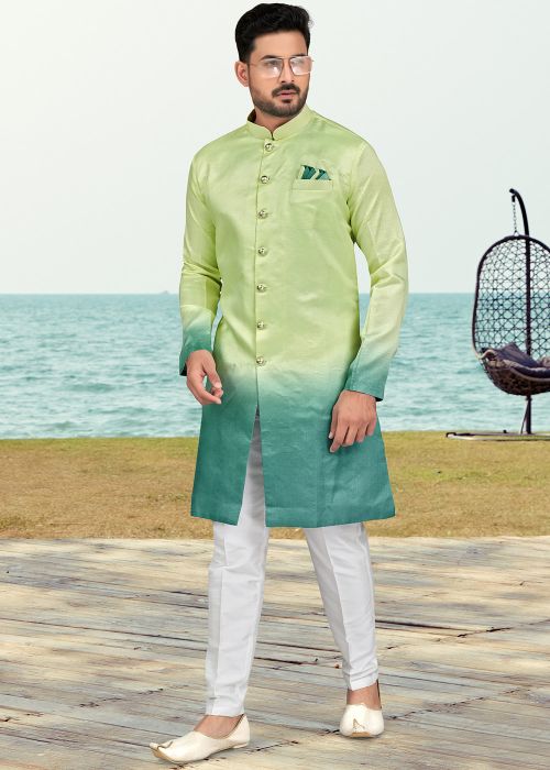 Readymade Shaded Green Indo Western Sherwani Set