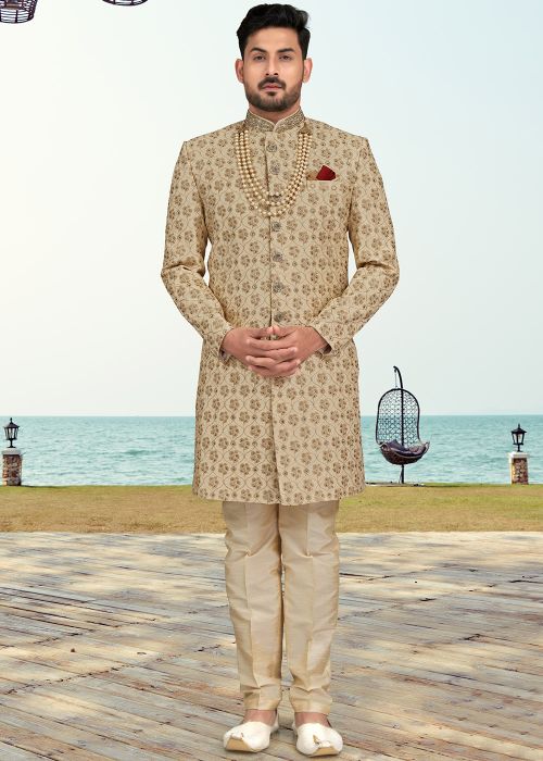 Beige Mens Indo Western Sherwani In Thread Embroidery