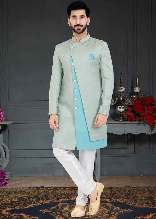 Blue Woven Indo Western Sherwani In Dupion Silk