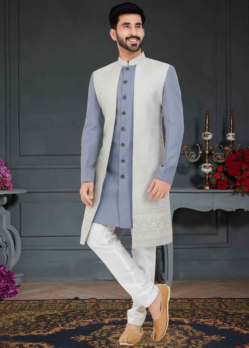 Grey Woven Indo Western Sherwani In Dupion Silk