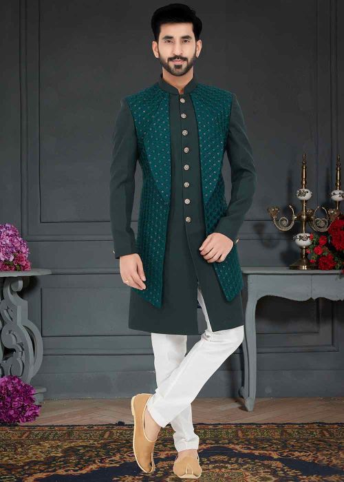 Green Embroidered Indo Western Sherwani