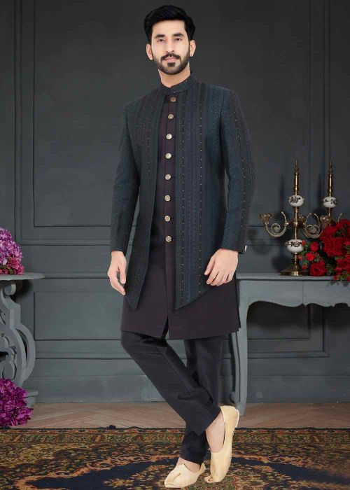 Black Woven Indo Western Sherwani In Dupion Silk