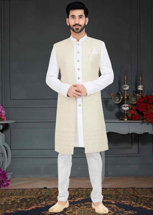 White Woven Indo Western Sherwani
