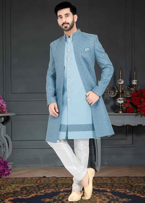 Blue Embroidered Indo Western Sherwani