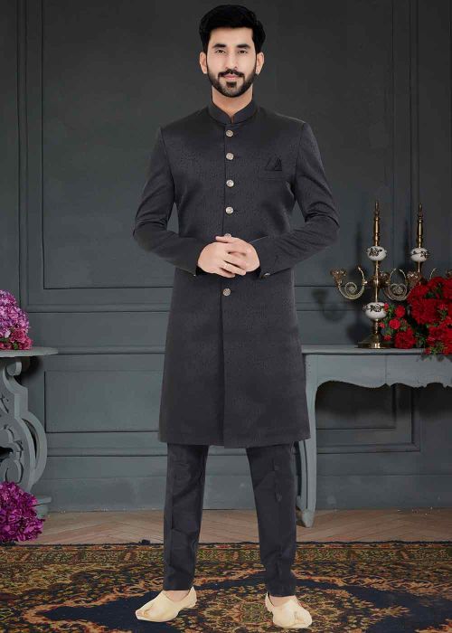 Black Woven Indo Western Sherwani