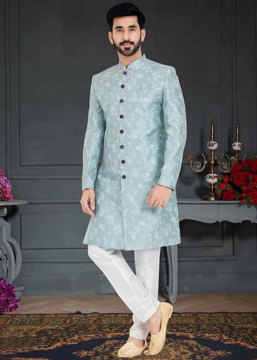 Blue Woven Indo Western Sherwani Set
