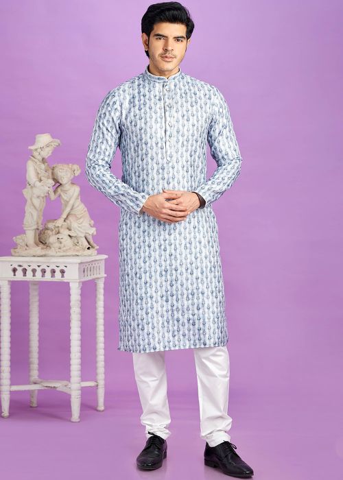 Light Blue Readymade Mens Digital Printed Cotton Kurta Pajama