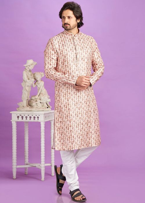 Light Brown Readymade Mens Cotton Kurta Pajama In Digital Print