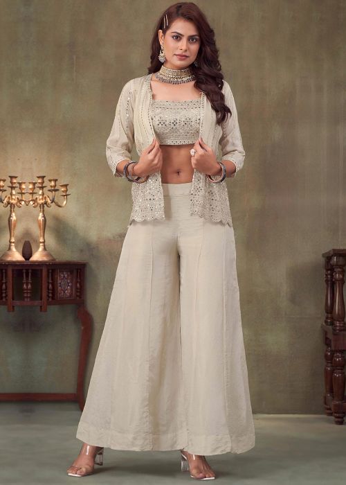 Beige Embroidered Top Bottom Set With Jacket