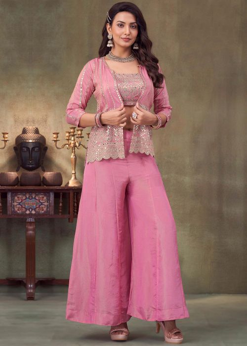 Pink Embroidered Jacket Style Top Bottom