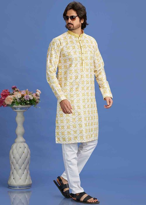 Yellow Digital Printed Kurta Pajama In Cotton