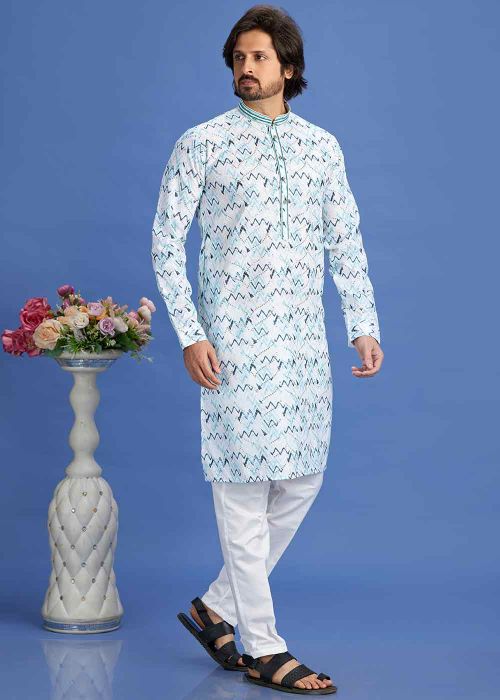 Blue Digital Printed Kurta Pajama In Cotton
