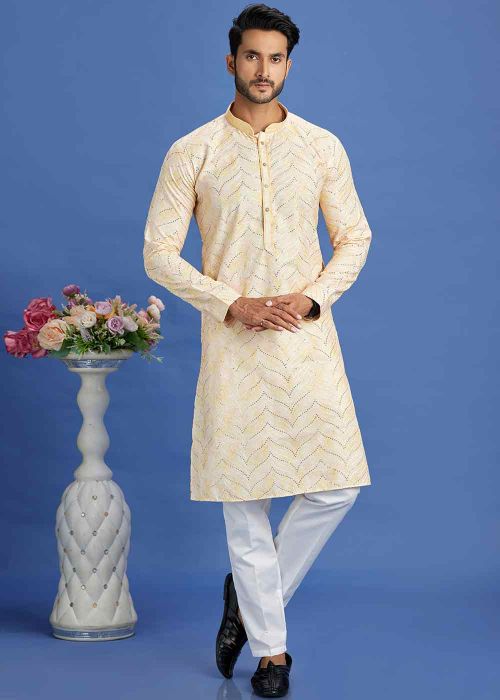 Yellow Embroidered Kurta Pajama In Cotton