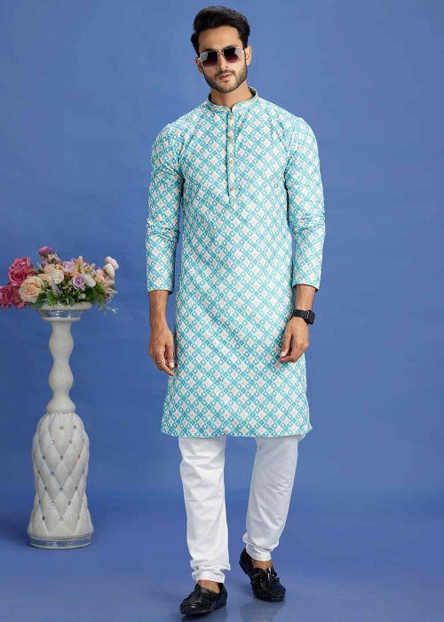 Blue Digital Printed Kurta Pajama In Cotton