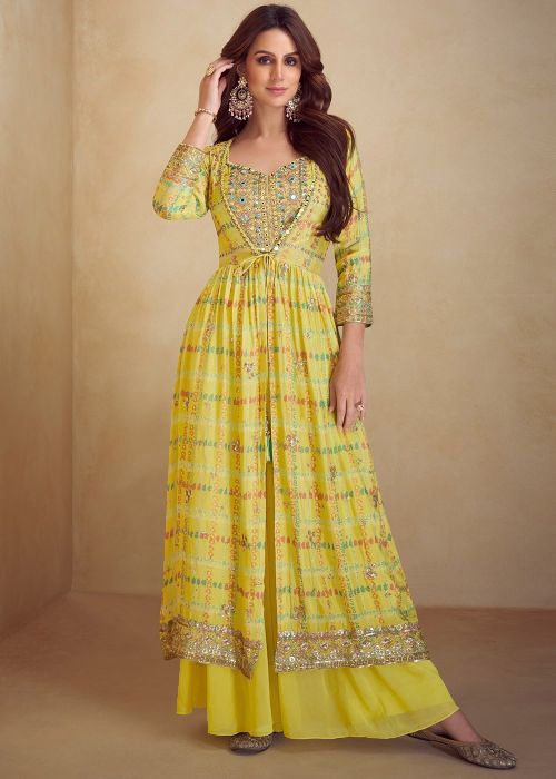Yellow Printed Top & Palazzo With Jacket
