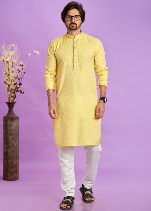 Mens Readymade Yellow Woven Kurta Pajama